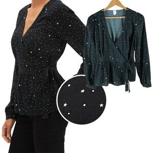 GAP Black Star Print Faux-Wrap Peplum Blouse XS